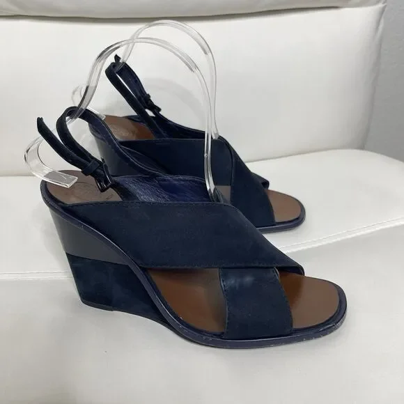 Tory Burch Slingback Wedge Sandals 7.5 Blue Suede Gabrielle Quiet Luxury Shoes - Picture 15 of 16